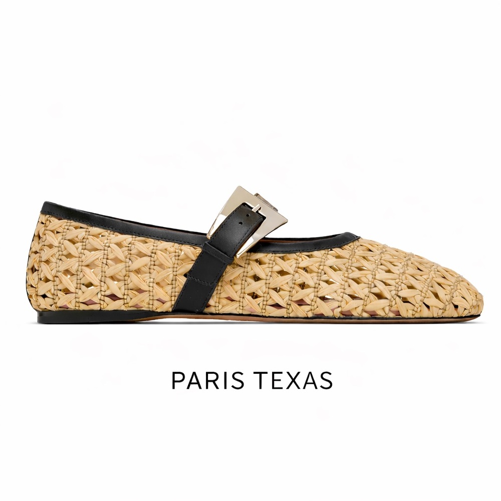 Paris Texas Sveva Raffia Buckle Ballerina Flats Beige Black NWT 39.5 balletcore